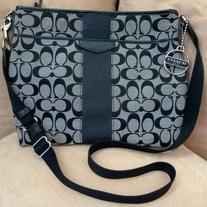 Coach black & tan C print with black patent trim shoulder or crossbody bag